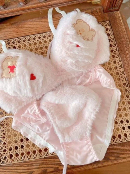 Bear Furry Bra and Tie Side Panty Set Women Cartoon Anime Cosplay Underwear