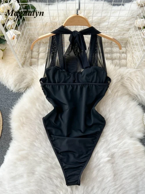 Magdalyn Women Sexy One Piece Mesh Rompers Tulle Skinny Fashion Streetwear INS Slim Catsuits Hollow Floral Combination Bodysuits (Copy)